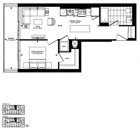 Floor plan for 1 bed, 1 bath, 566 sqft